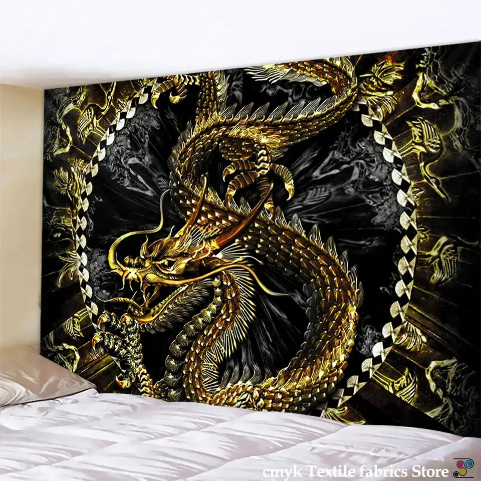 Decorbites™ dragon castle totem tapestry wall hanging with intricate golden dragon on black background and checkered borders