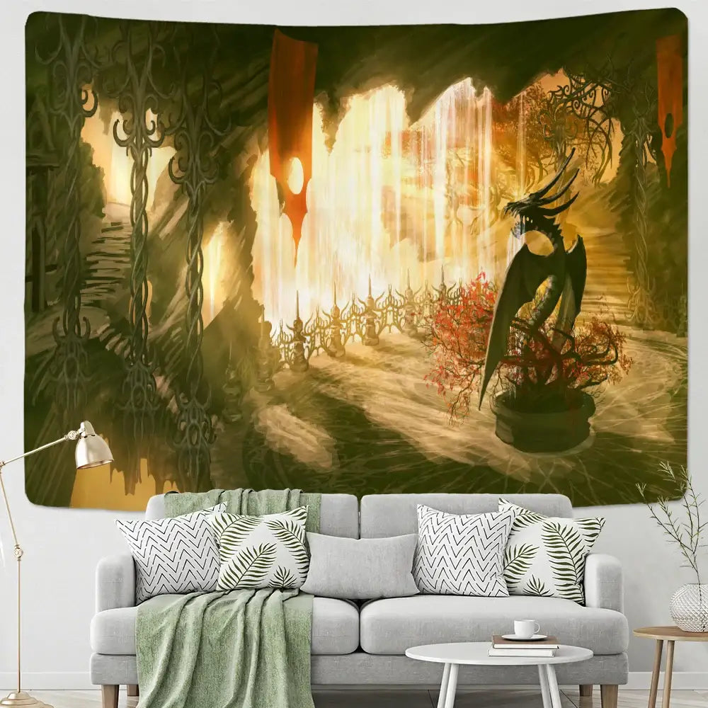 A dark intricately detailed dragon castle totem statue with ornate wings on a castle totem tapestry wall hanging