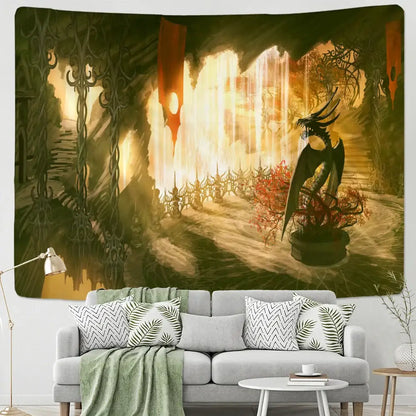 A dark intricately detailed dragon castle totem statue with ornate wings on a castle totem tapestry wall hanging