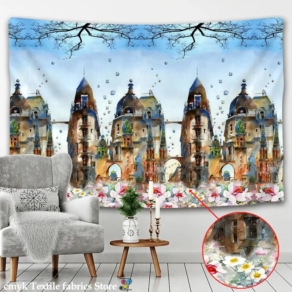 Decorbites™ chinese dragon castle totem tapestry wall hanging features watercolor ornate multi-turreted buildings in earthy tones