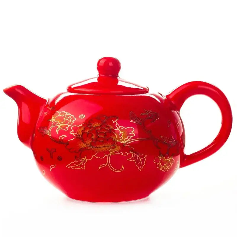 DecorBites™ dragon ceramic red tea pot features a vibrant red ceramic body with intricate gold floral patterns