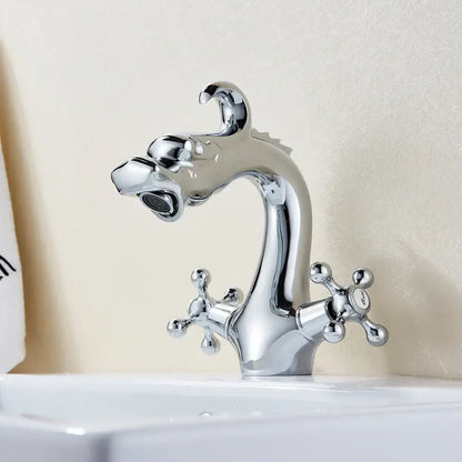 Chrome-finished basin faucet with dragon crystal handle and ornate cross handles for dual hot cold deck mounting