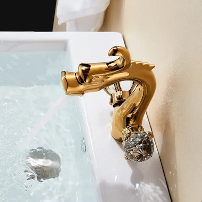 Decorbites™ basin faucet featuring a golden dragon crystal handle with a deck mounted dual hot cold design
