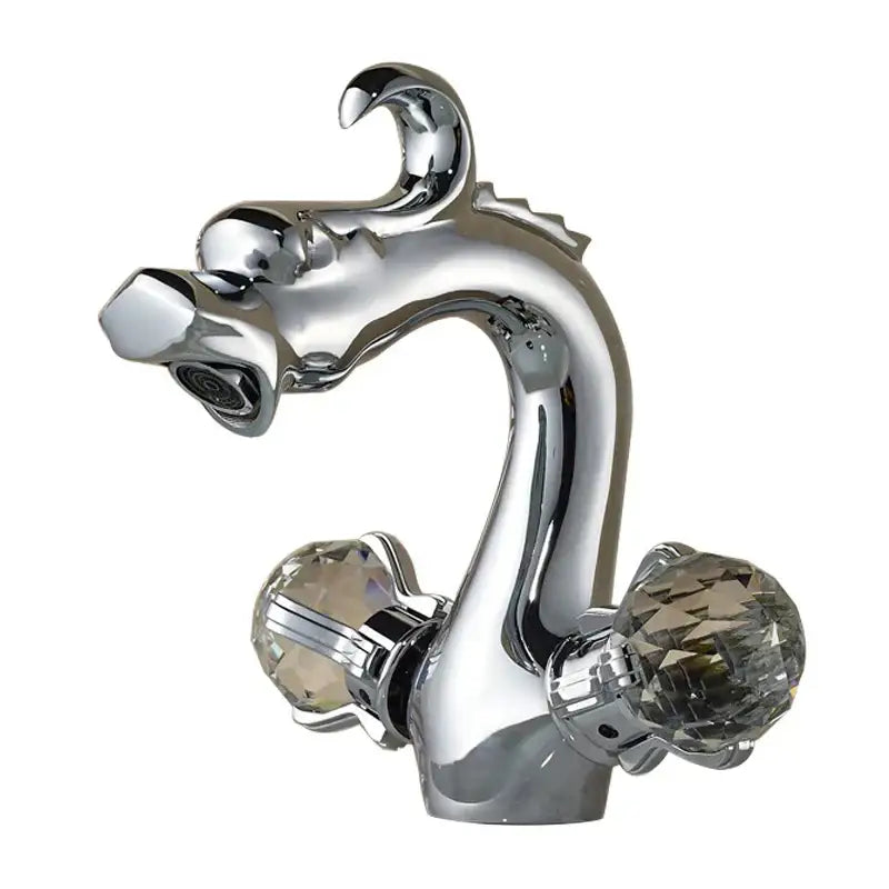 Chrome-finished decorbites™ basin faucet with dragon crystal handle and faceted crystal knobs for sink deck mounting