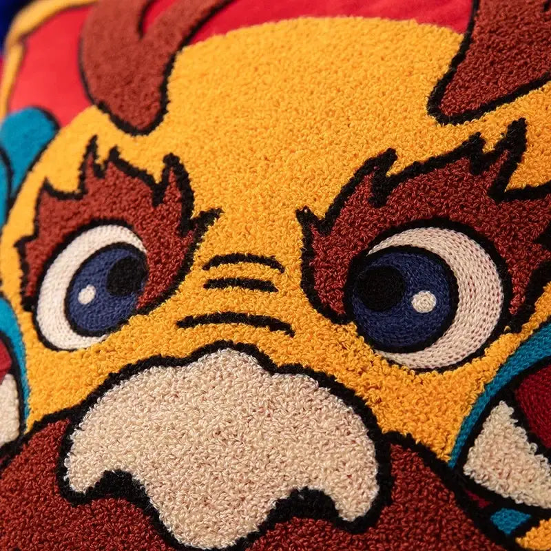 Decorbites™ dragon embroidered cushion cover featuring a plush yellow lion head with red mane and blue eyes