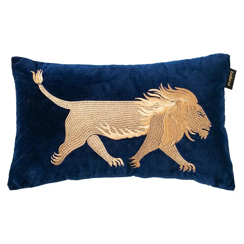 Deep blue velvet pillow cover with intricately embroidered golden lion in walking pose for dragon embroidery lumbar decor