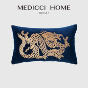 Deep blue velvet DecorBites™ pillow cover with intricate gold-threaded dragon embroidery lumbar design