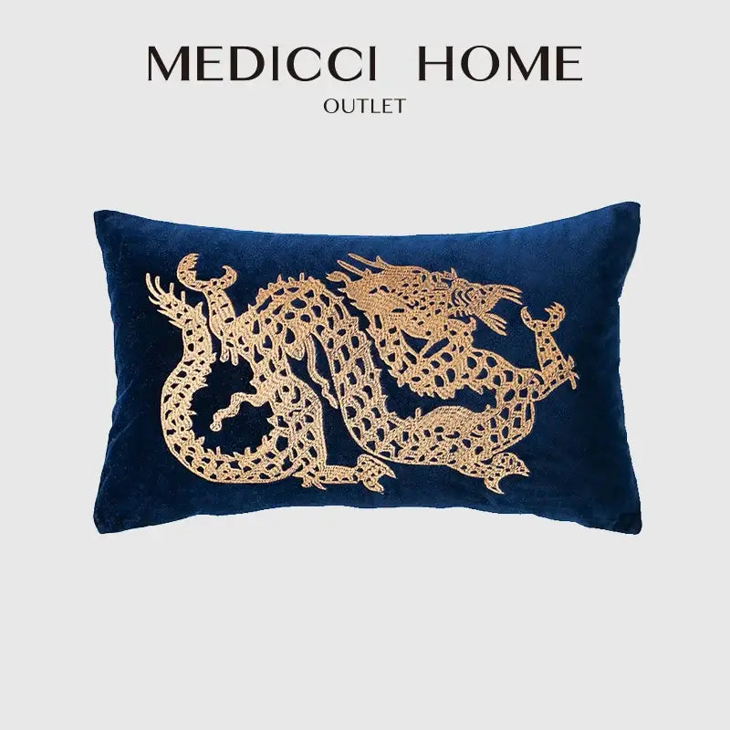 Deep blue velvet DecorBites™ pillow cover with intricate gold-threaded dragon embroidery lumbar design