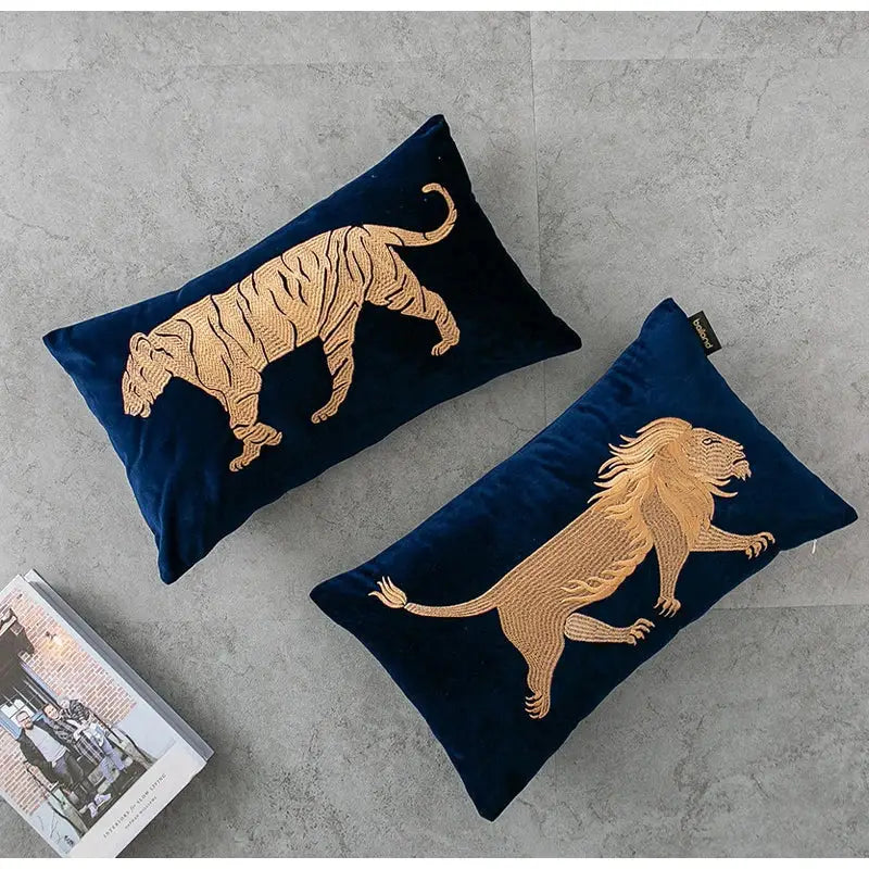 Deep navy velvet pillow cover with intricate gold-threaded tiger and lion embroidery for DecorBites dragon embroidery lumbar