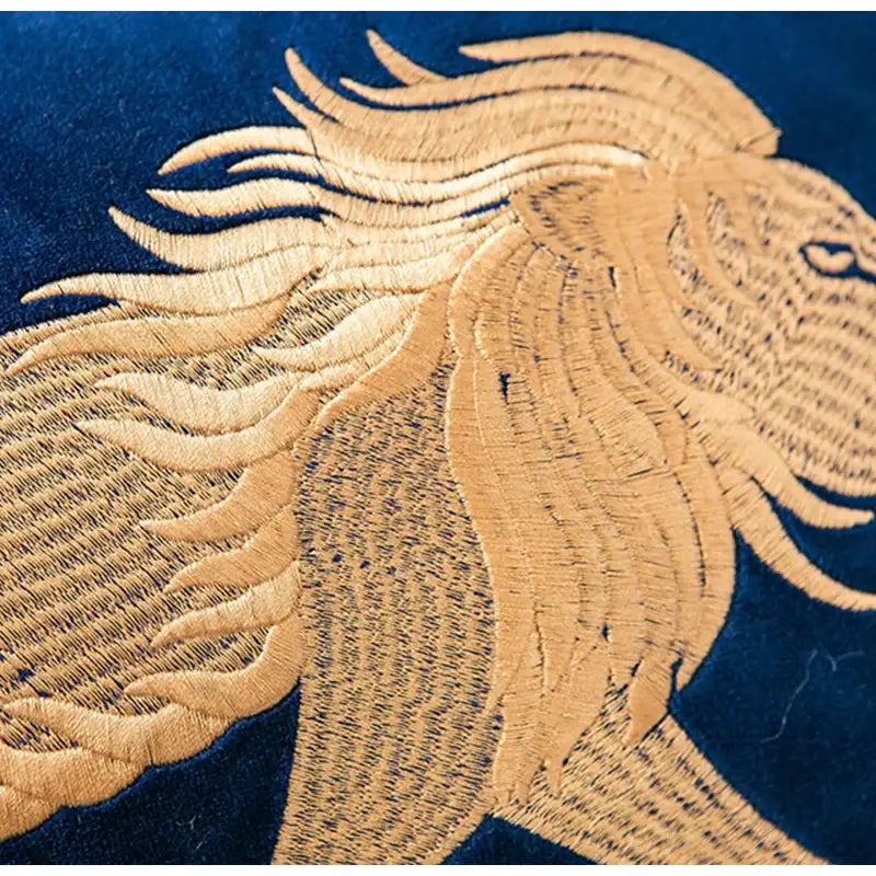 Golden embroidered lion head on deep blue velvet dragon embroidery lumbar pillow cover by decorbites