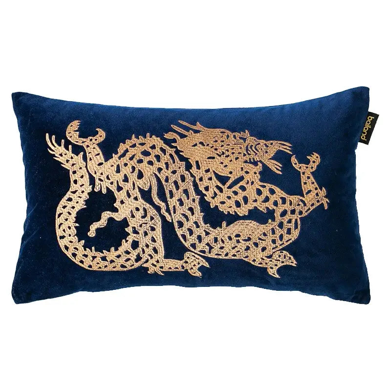 DecorBites™ navy blue velvet pillow cover with intricate gold dragon embroidery lumbar design for elegant decor
