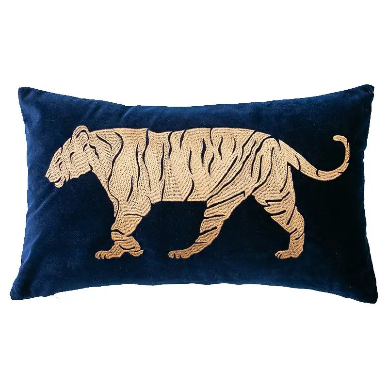 A plush navy blue velvet pillow cover featuring intricate golden dragon embroidery lumbar design by decorbites