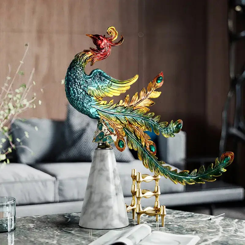 Vibrant iridescent peacock sculpture with detailed feathers and emerald-green accents in decorbites chinese dragon phoenix decor