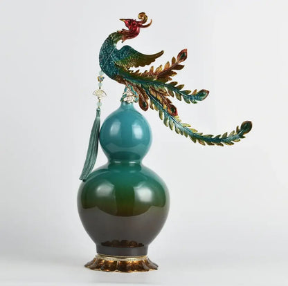 Glossy teal and green double-gourd vase with colorful phoenix figurine for decorbites chinese dragon phoenix decor