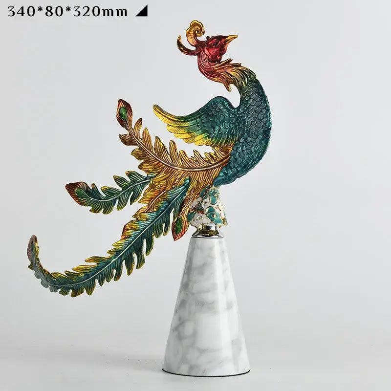 A vibrant multi-colored decorbites chinese dragon phoenix figurine with detailed feathers on a marble base for home decor