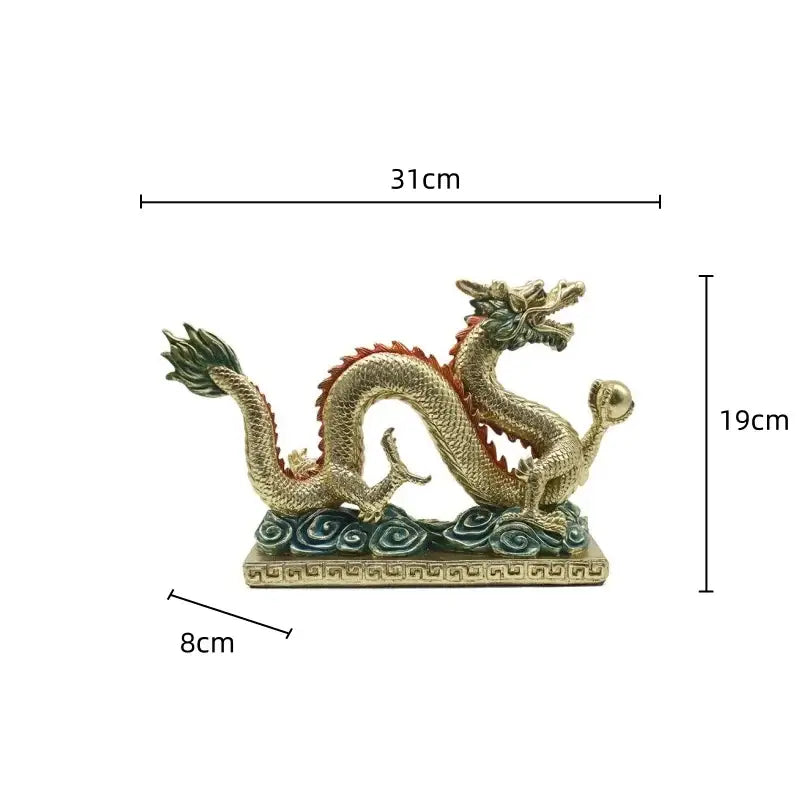 DecorBites chinese dragon resin sculpture featuring gold with red accents and green scales on a decorative base