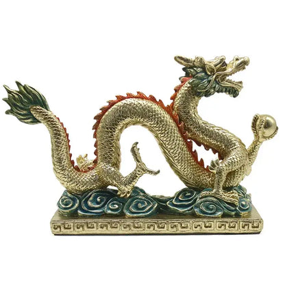 Decorbites chinese dragon resin sculpture featuring detailed golden scales with red and green accents on decorative base