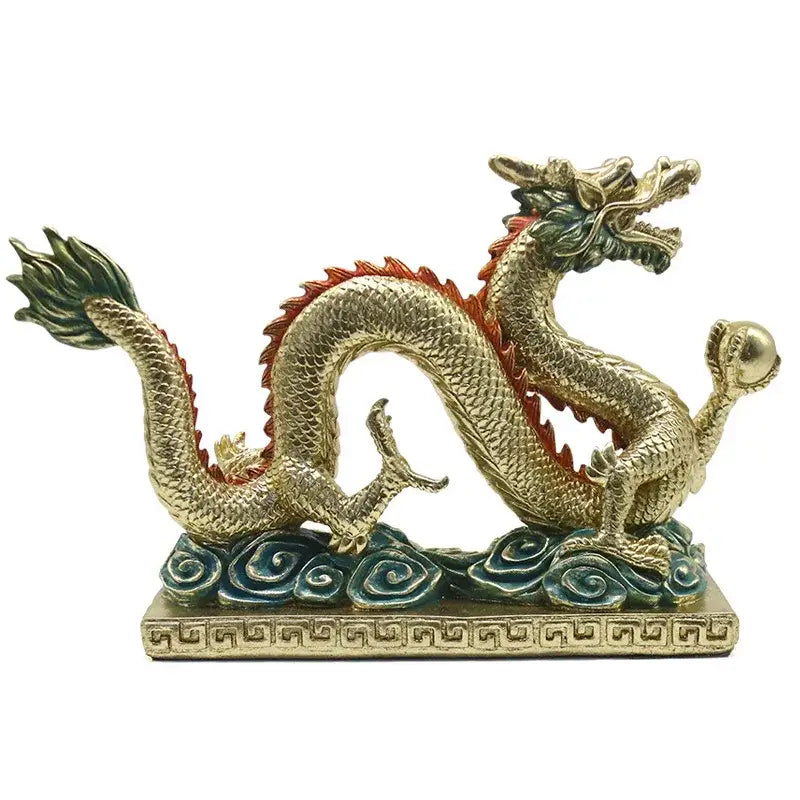 Decorbites chinese dragon resin sculpture featuring detailed golden scales with red and green accents on decorative base