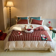 Red and white striped king size duvet cover with embroidered cartoon reindeer design in cotton bedding set by DecorBites