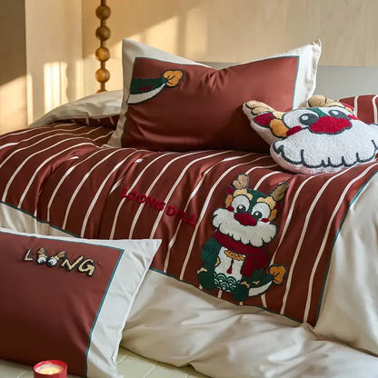Red and white striped king size duvet cover with embroidered cartoon lion design in cotton bedding set by decorbites