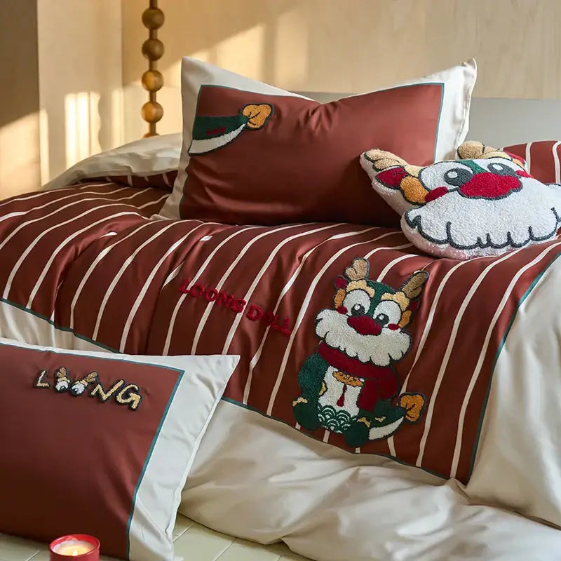 Red and white striped king size duvet cover with embroidered cartoon lion design in cotton bedding set by decorbites