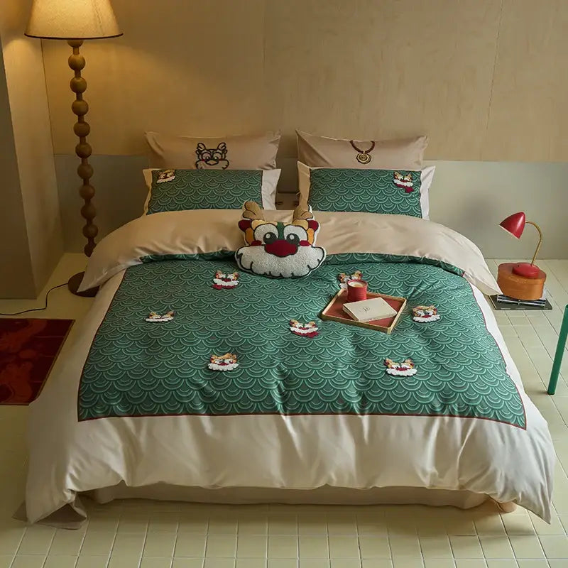 Emerald green wave-patterned embroidered cotton bedding set with cartoon tiger motifs and plush deer pillow king size