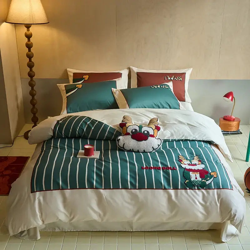 Teal and white striped king size duvet cover with embroidered reindeer design in DecorBites™ embroidered cotton bedding set