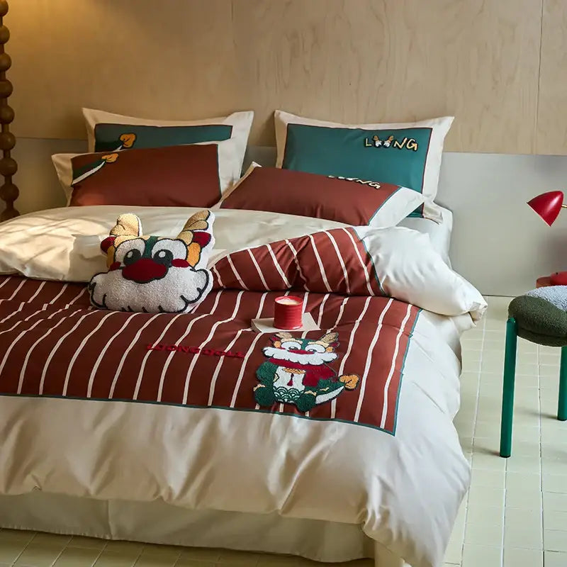 DecorBites Chinese embroidered cotton bedding set king size with cute red and white striped duvet cover and dragon design