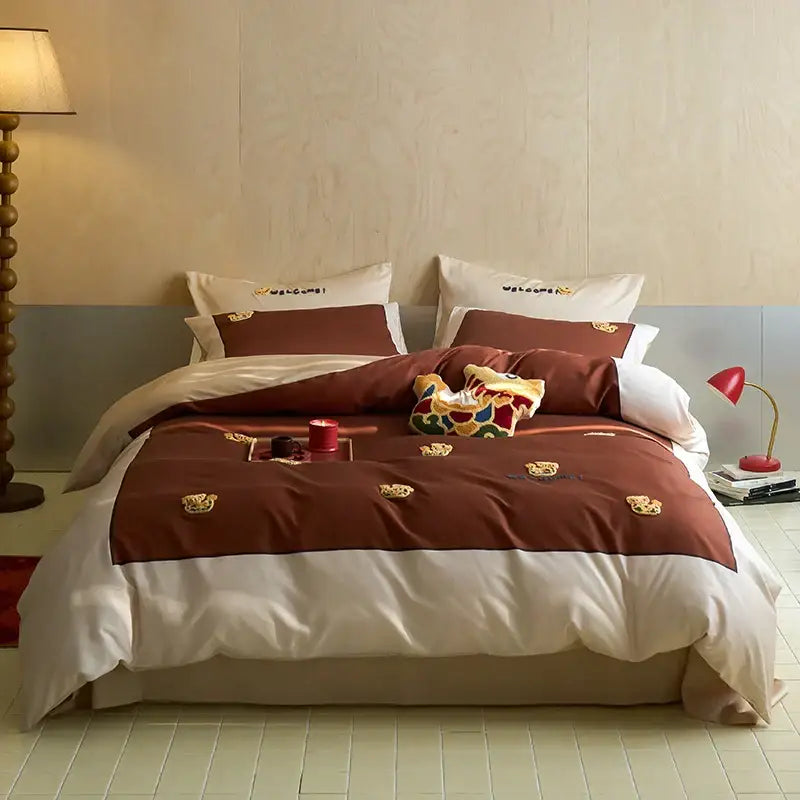 Decorbites™ king size brown and white embroidered cotton bedding set featuring dragon design duvet cover and quilt cover