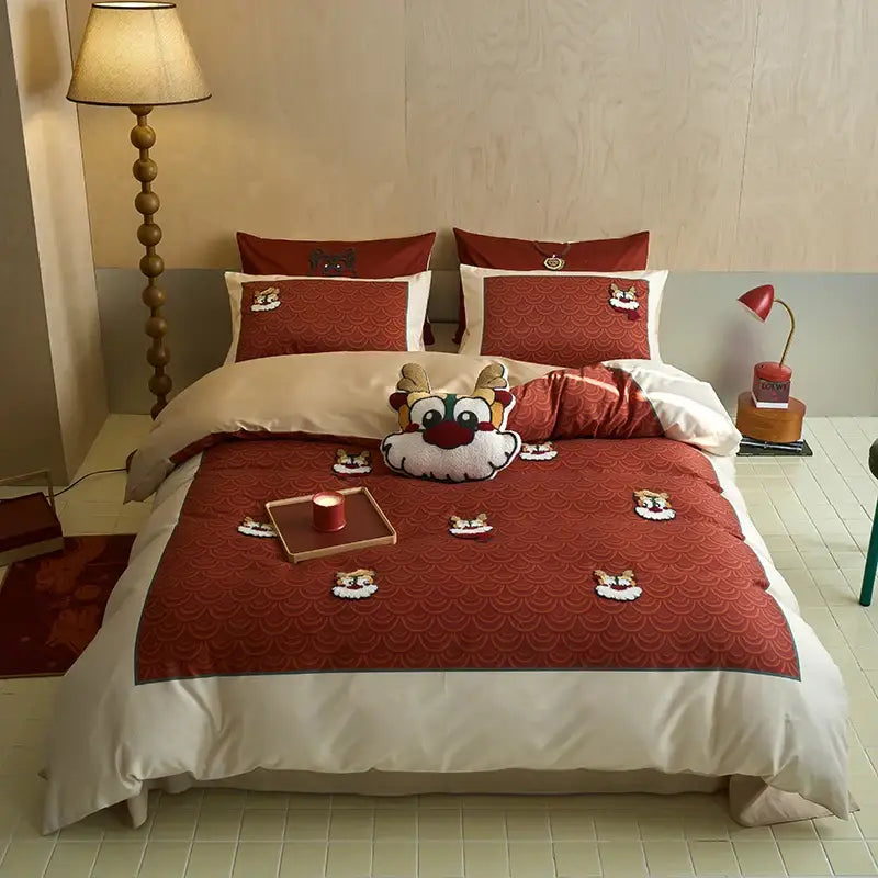 DecorBites™ king size red dragon-themed embroidered cotton bedding set with cartoon faces and plush pillow