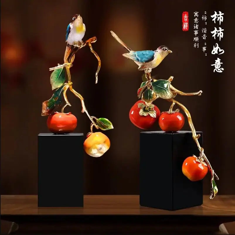 Two enamel persimmon ruyi bird figurines in red orange and green painted metal for living room wine cabinet decor
