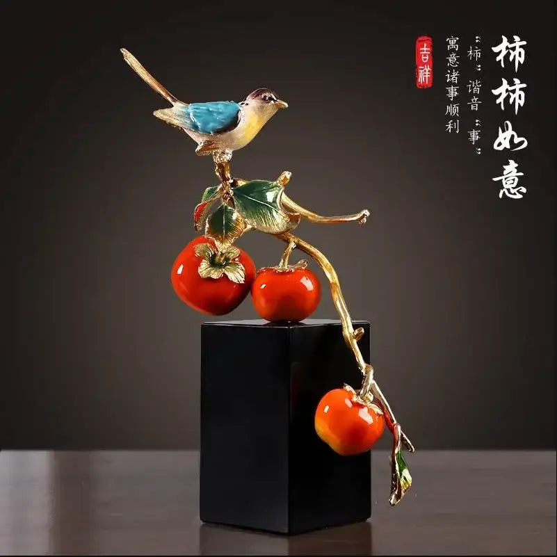 Decorbites enamel persimmon ruyi ornament with blue yellow bird and red persimmons on black base for living room decor