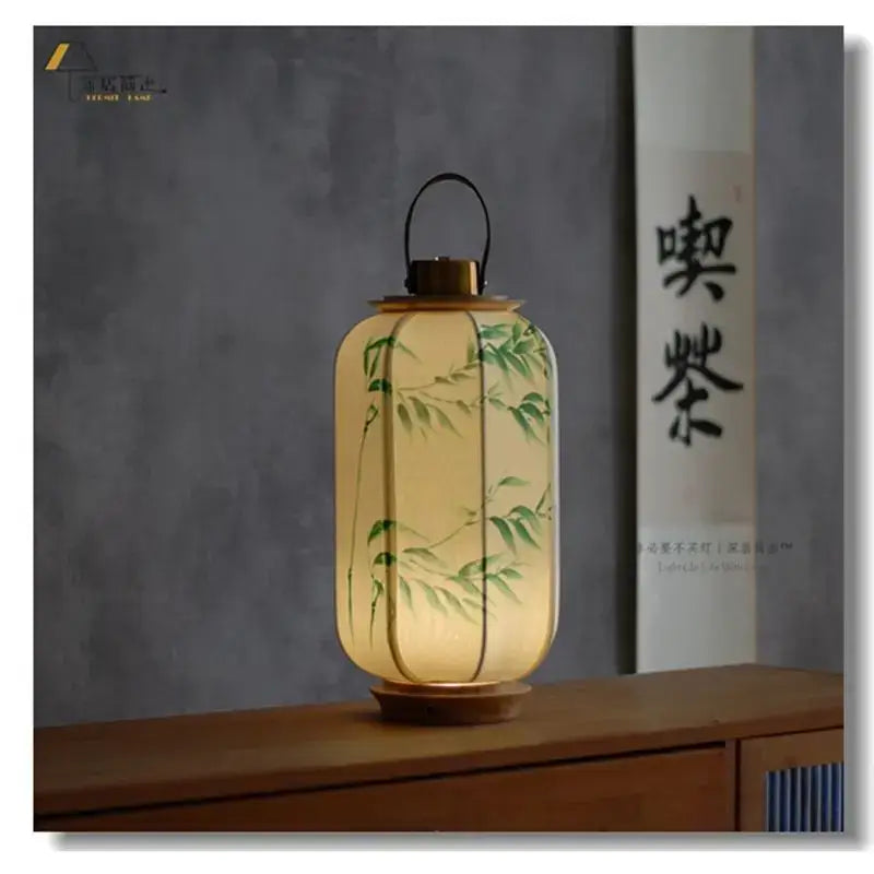 DecorBites chinese fabric desk lamp with glowing bamboo leaf pattern on translucent paper and wooden frame antique style