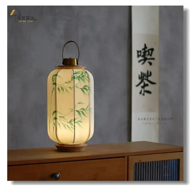 Decorbites chinese fabric desk lamp antique handheld palace lantern with green bamboo leaf pattern and wooden accents