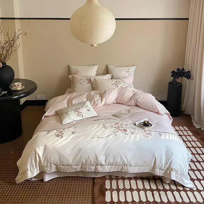 Elegant ivory satin bedding set with delicate pink chinese flowers embroidery by decorbites chinese flowers in 1000tc cotton