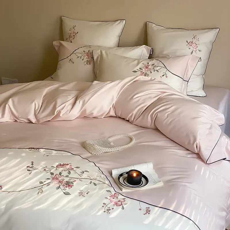 Pink satin decorbites chinese flowers bedding set with delicate floral embroidery and black piping in 1000tc cotton