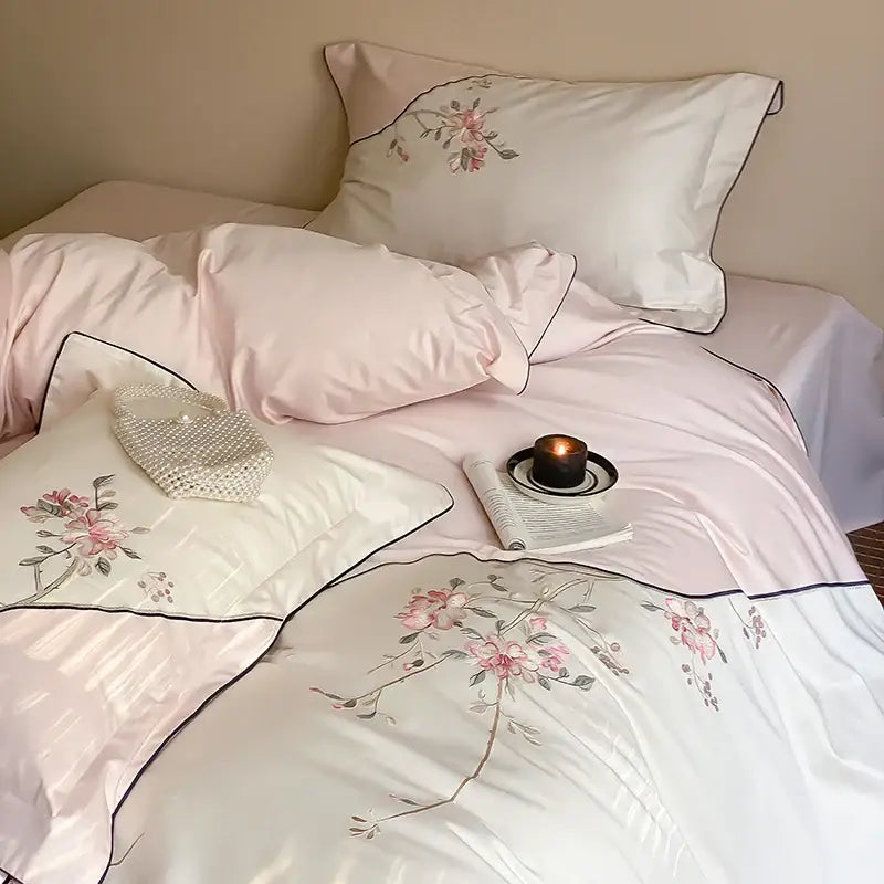 Decorbites chinese flowers embroidered satin bedding set in pink and white with black piping made from 1000TC egyptian cotton