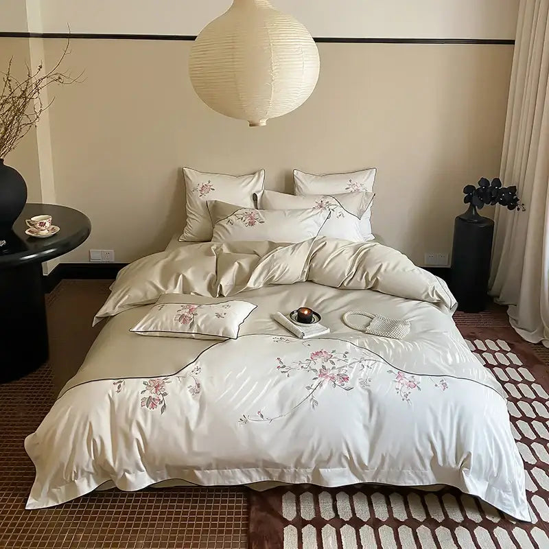 Cream-colored satin bedding set with delicate pink and green chinese flowers embroidery by decorbites chinese flowers
