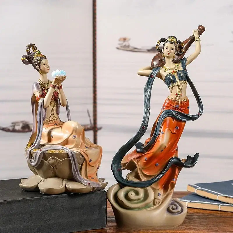 DecorBites™ chinese goddess fairy resin figurines in peach and orange robes home decor musical instrument sculpture