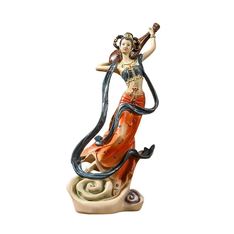 Ornate ceramic chinese goddess fairy statue in flowing orange and dark blue robes with gold jewelry for home decor