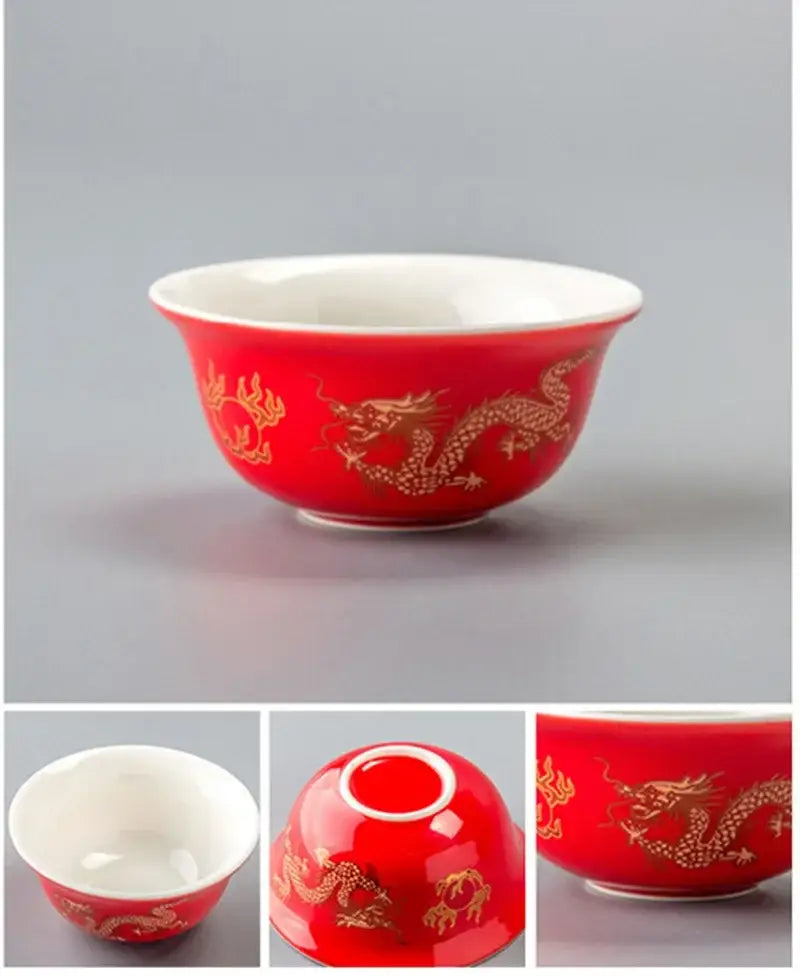 DecorBites™ red porcelain ceramic tea cup with glossy finish and gold dragon motifs for golden dragon tea