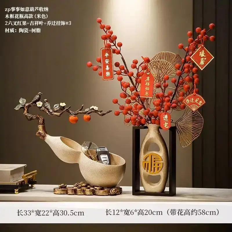 Beige ceramic gourd desktop storage decoration with gold 福 character holding red berries and ornamental fans for wealth