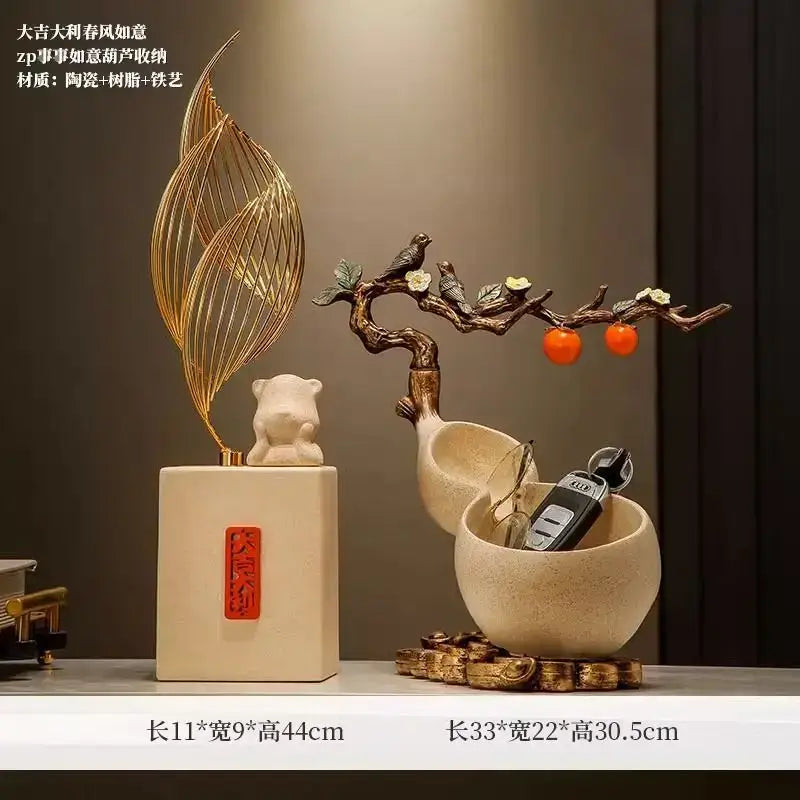 Beige ceramic gourd-shaped desktop storage decoration with bronze branch design featuring birds and orange fruits