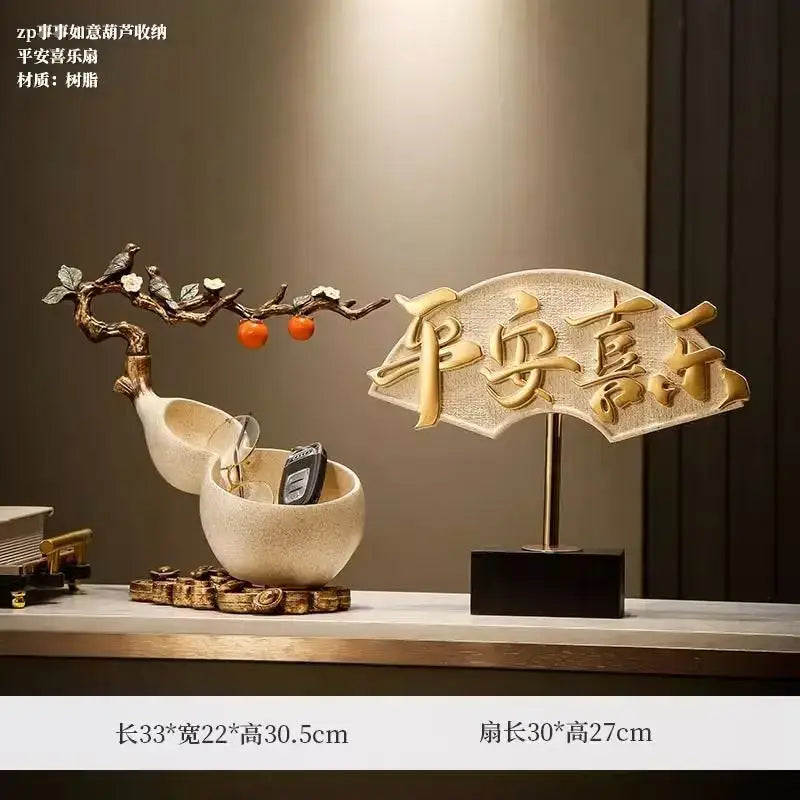 Beige and gold resin Chinese gourd desktop storage decoration with ornamental branch and fan plaque for wealth attraction