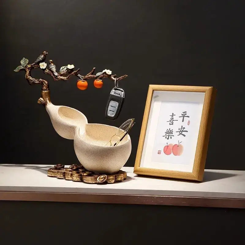Beige ceramic gourd-shaped desktop storage decoration with birds, blossoms, and orange fruits for wealth attraction