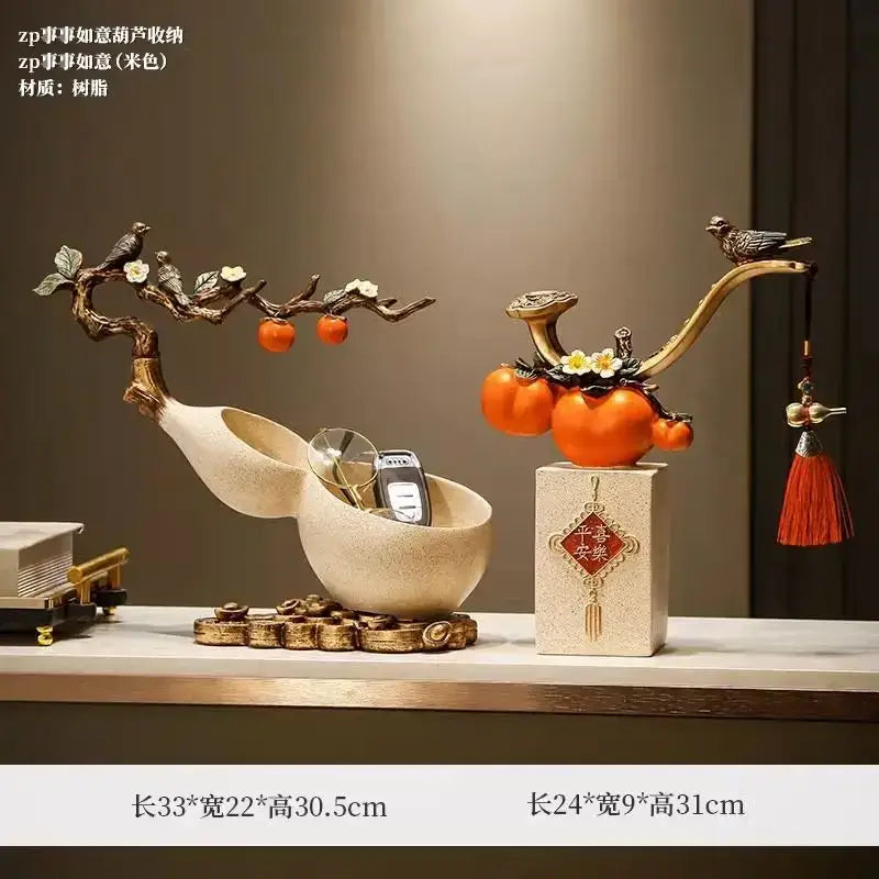 Beige resin decorbites™ chinese gourd desktop storage decoration with ornate branch, bronze birds, and orange fruit accents
