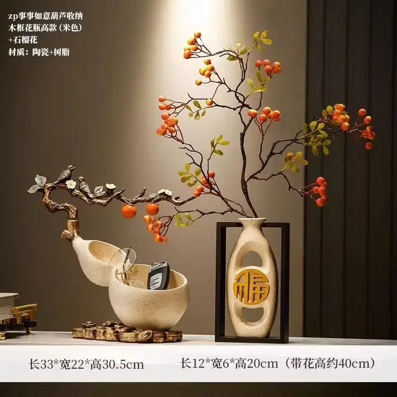 Beige ceramic gourd-shaped desktop storage decoration with carved golden 福 character and dark branches with orange berries