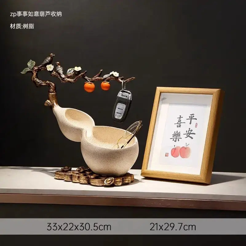 Beige resin Chinese gourd desktop storage decoration with branching tree top featuring birds, blossoms, and hanging oranges