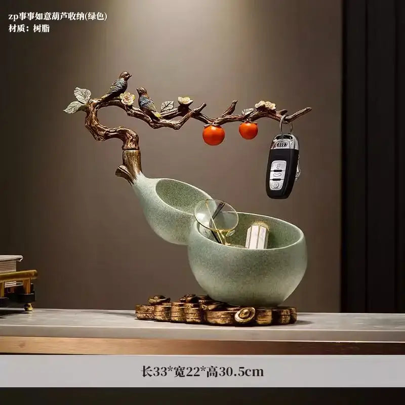 Decorbites™ ceramic gourd desktop storage decoration with sculpted branch holding keys and small items for wealth attraction