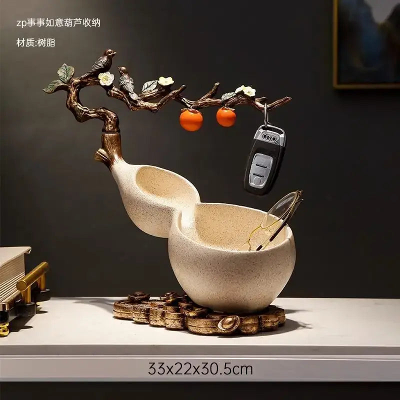 Beige resin Chinese gourd desktop storage decoration with carved branch featuring birds blossoms and oranges for wealth attraction